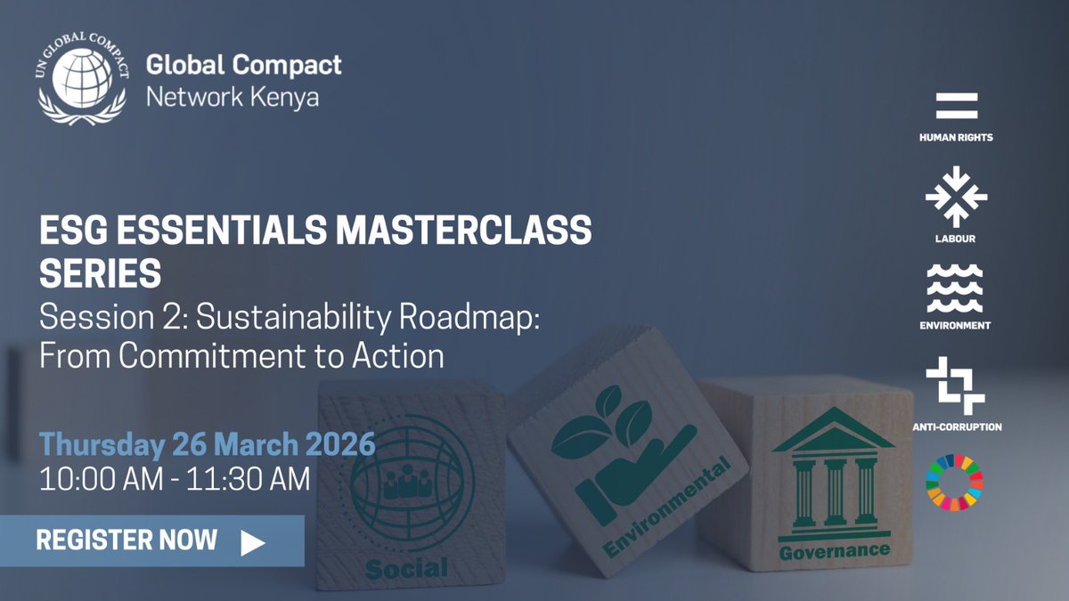 GlobalcompactKE's tweet photo. Tomorrow: How do you move from ESG commitments to real action?

Many organizations have commitments.
The challenge is turning them into structured, practical implementation.

Join our Sustainability Roadmap: From Commitment to Action webinar. https://t.co/nedajF5INw