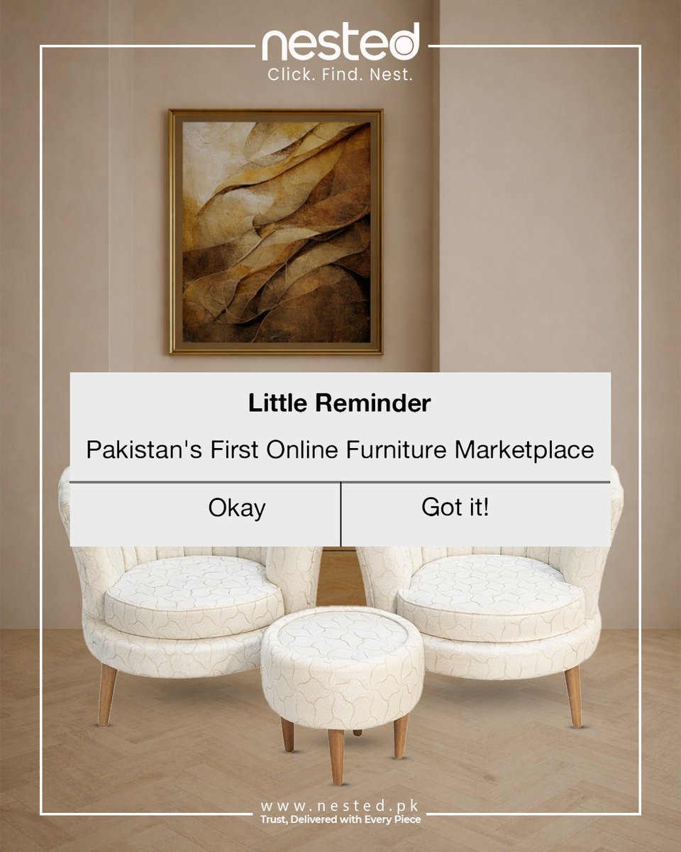 NestedPk's tweet image. Trust isn’t just a promise—it’s delivered with every piece. 📦

Nested: Pakistan’s first online furniture marketplace.

🛒 nested.pk 
📲 Download our app

#nestedpk #nestedpkmarketplace #homedecor