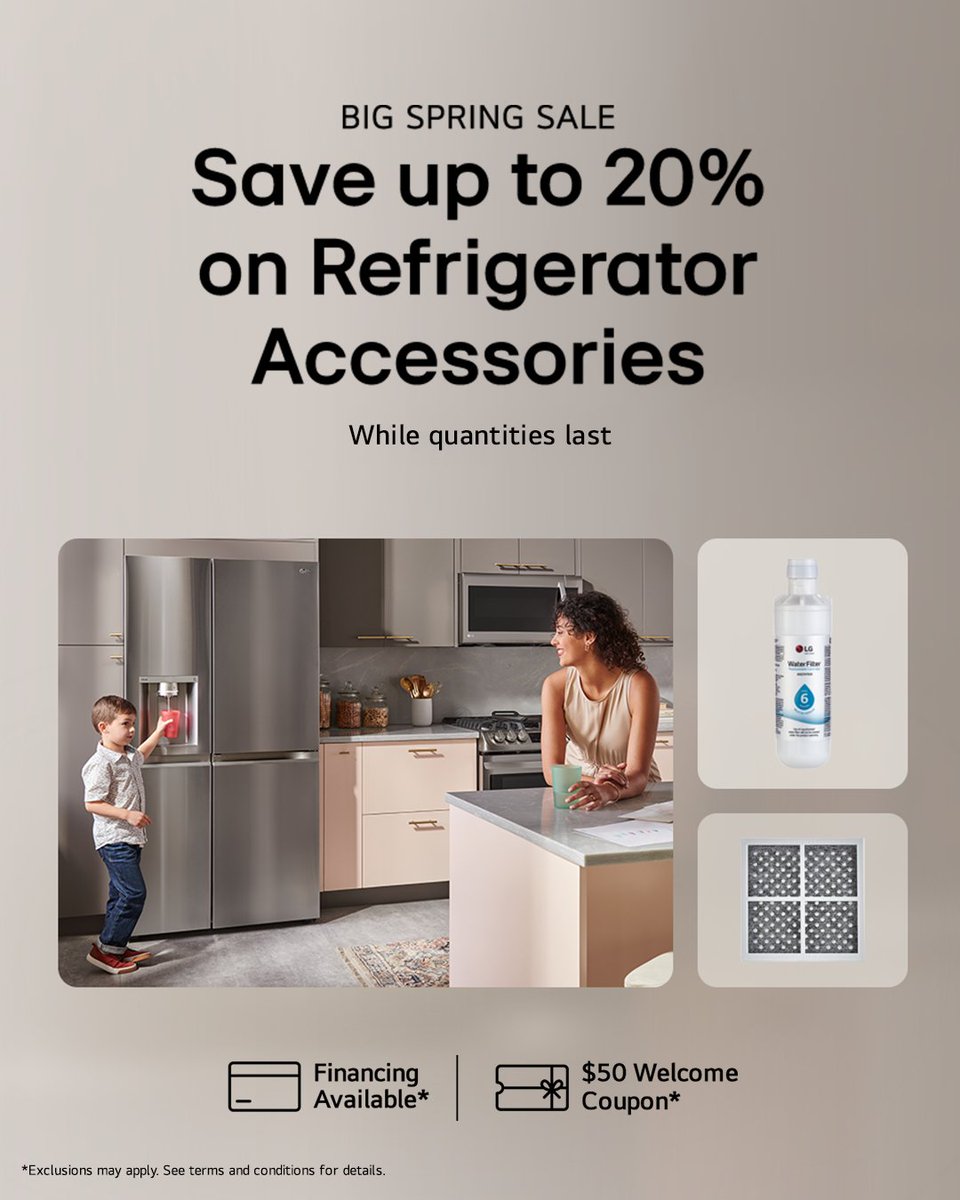 LGCanada's tweet image. Spring refresh starts in your fridge ❄️🌸

Big Spring Saving on refrigerator accessories, don't miss out!

Buy Now spr.ly/6010B6jNzM

#LG #LifesGood #HomeAppliances #Refrigerator #Waterfilter #Airfilter #Accessory