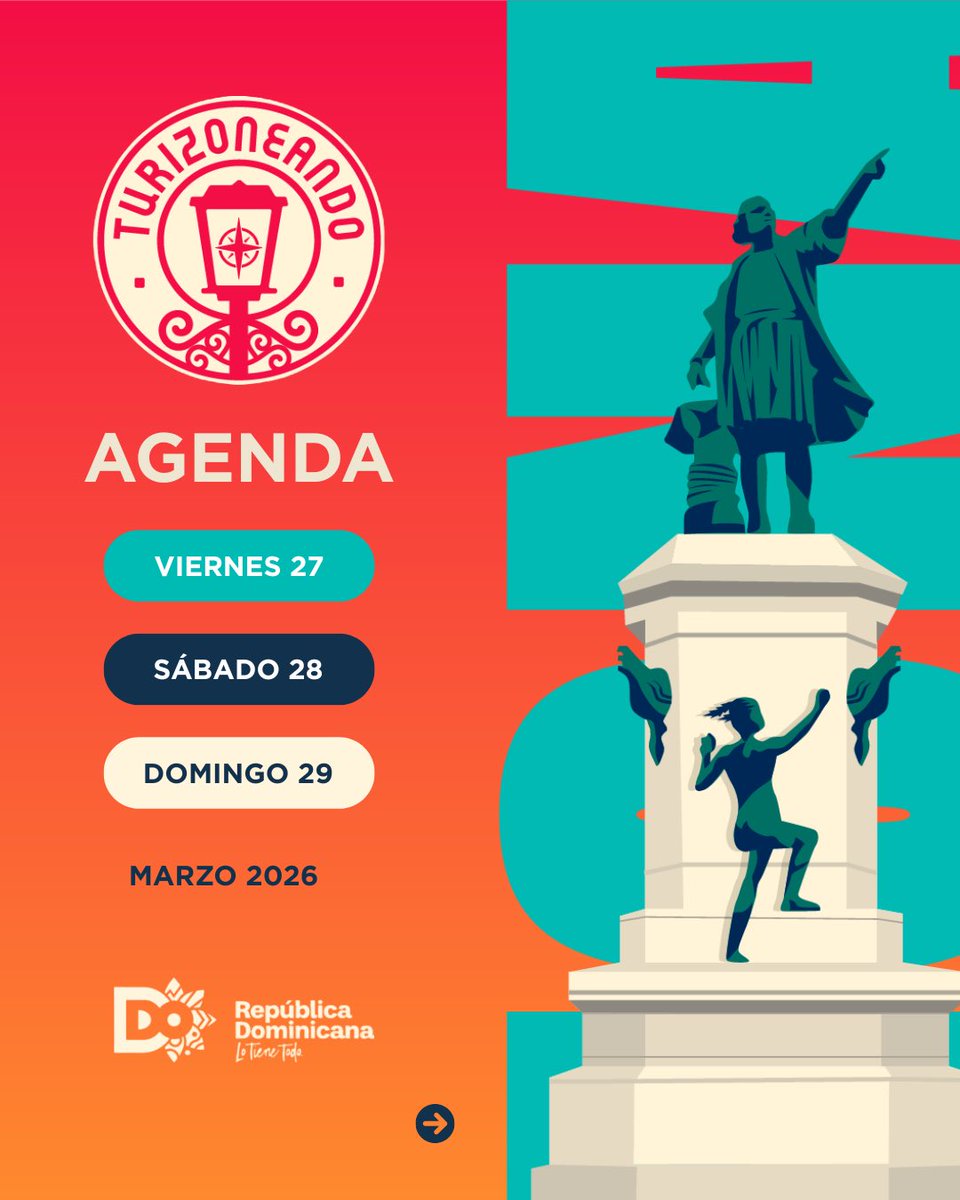 TurismoRD's tweet photo. 💃🏻🇩🇴 Acompáñanos a cerrar el último fin de semana del mes de marzo con alegría y linda vibra desde #tuciudadcolonial.
👇✨Conoce las actividades que se estarán realizando en nuestra Ciudad Primada de América.
#TURIZONEANDO #CiudadColonial #TurismoEnCadaRincón https://t.co/Bfd8OxK82n
