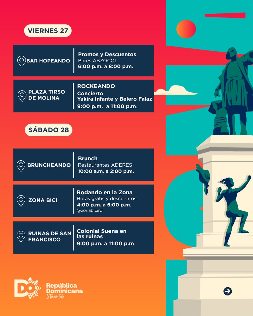 TurismoRD's tweet photo. 💃🏻🇩🇴 Acompáñanos a cerrar el último fin de semana del mes de marzo con alegría y linda vibra desde #tuciudadcolonial.
👇✨Conoce las actividades que se estarán realizando en nuestra Ciudad Primada de América.
#TURIZONEANDO #CiudadColonial #TurismoEnCadaRincón https://t.co/Bfd8OxK82n