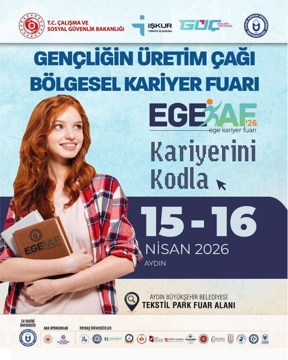 idukariyer's tweet photo. Üniversitemizin paydaşı olduğu, Aydın Adnan Menderes Üniversitesi ev sahipliğinde, 15-16 Nisan 2026 tarihlerinde gerçekleşecek Ege Kariyer Fuarı (EGEKAF’26)'nın duyurusunu ilgili öğrencilerimizin bilgisine sunuyoruz.
🔗 Kayıt Linki
https://t.co/l0IN1k23JL https://t.co/byAshGyoQb