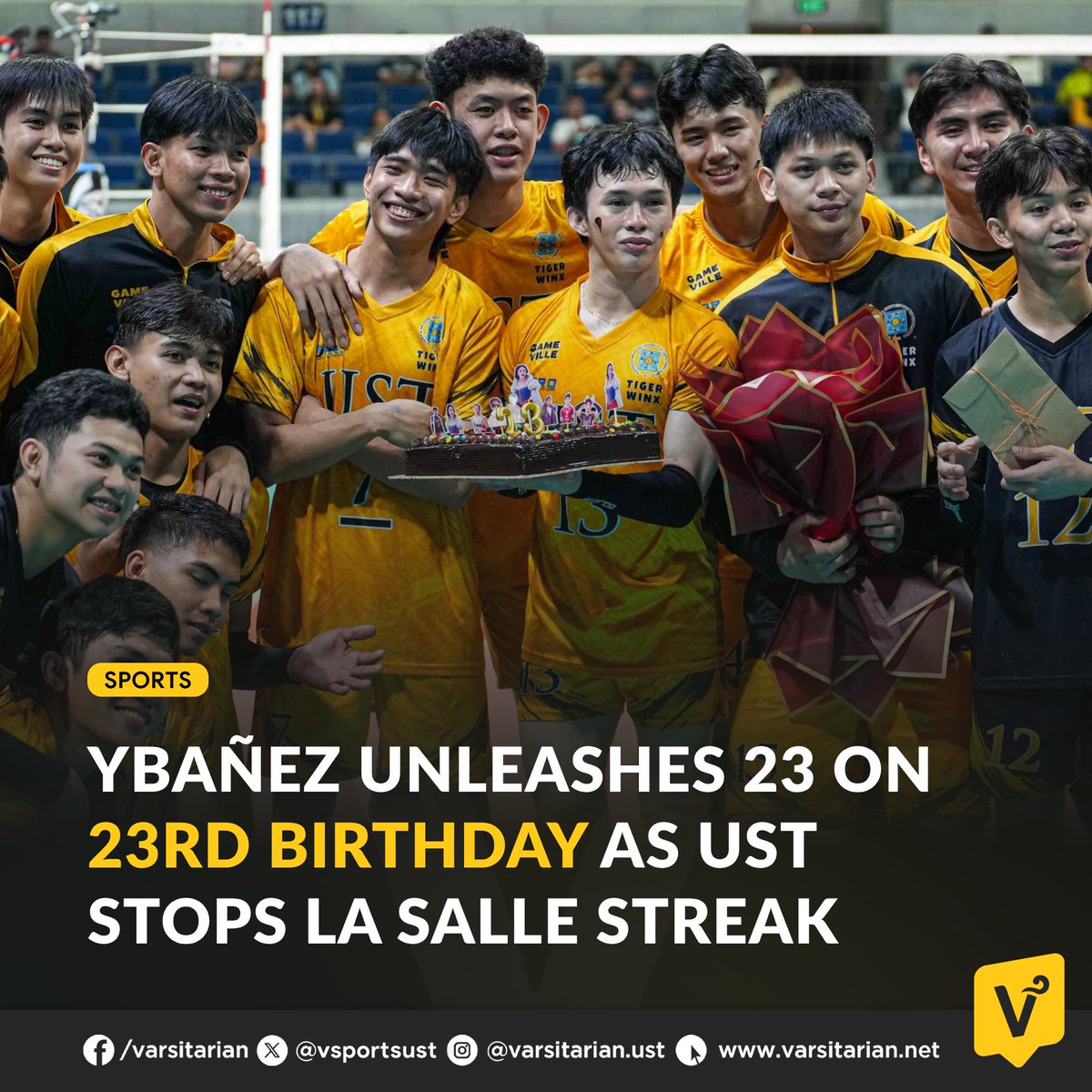 It was a memorable birthday for two-time MVP Josh Ybañez, who put on a statement performance on his 23rd birthday to power the Golden Spikers to a straight-set win over the De La Salle University (DLSU) Green Spikers, snapping a two-game skid.

READ: varsitarian.net/sports/volleyb…