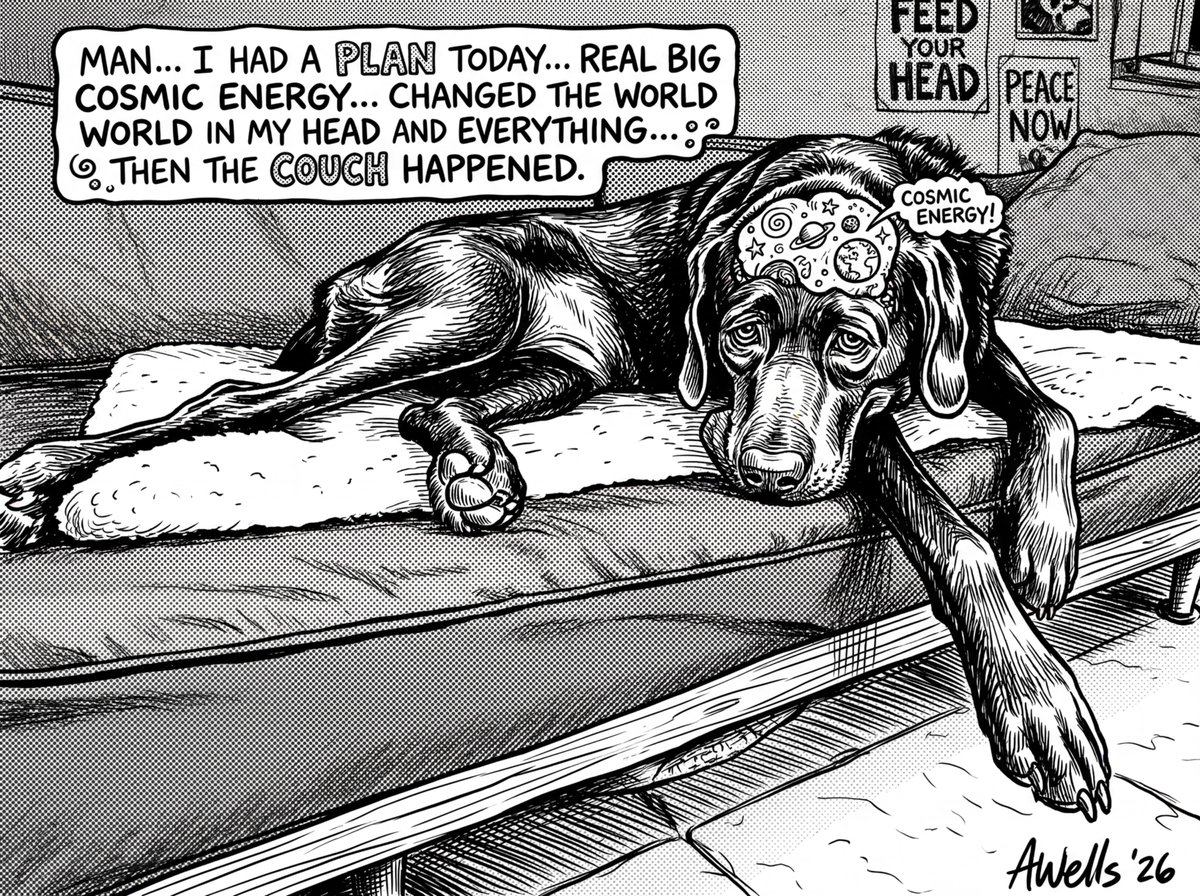 beachtv's tweet image. Waylon had big cosmic plans for today.

Then the couch happened.

The revolution has been postponed due to extreme comfort.

#MondayMood #DogLife