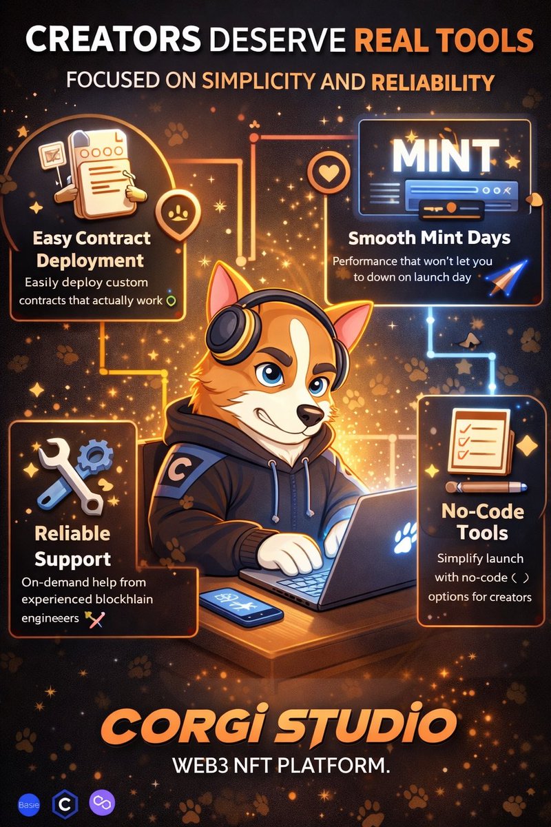 Tjay_sznn's tweet image. Creators don’t need more empty hype or promises they need tools that actually work when it matters. From contract deployment to mint day performance, everything needs to run smoothly. If the foundation is weak, the entire project suffers.
#corgistudio #base #NFTlaunchpad