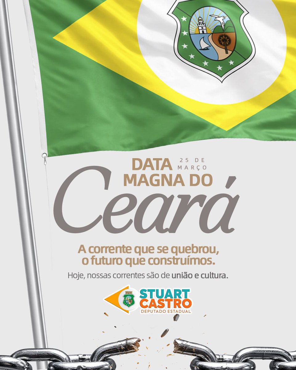 stuartcastro's tweet photo. 25 de março: uma data que carrega coragem, luta e orgulho para o povo cearense. 💚💛 Antes mesmo da Lei Áurea, o Ceará já havia rompido as correntes da escravidão, mostrando ao Brasil que liberdade se constrói com atitude e consciência. https://t.co/BIcN7oF4Na