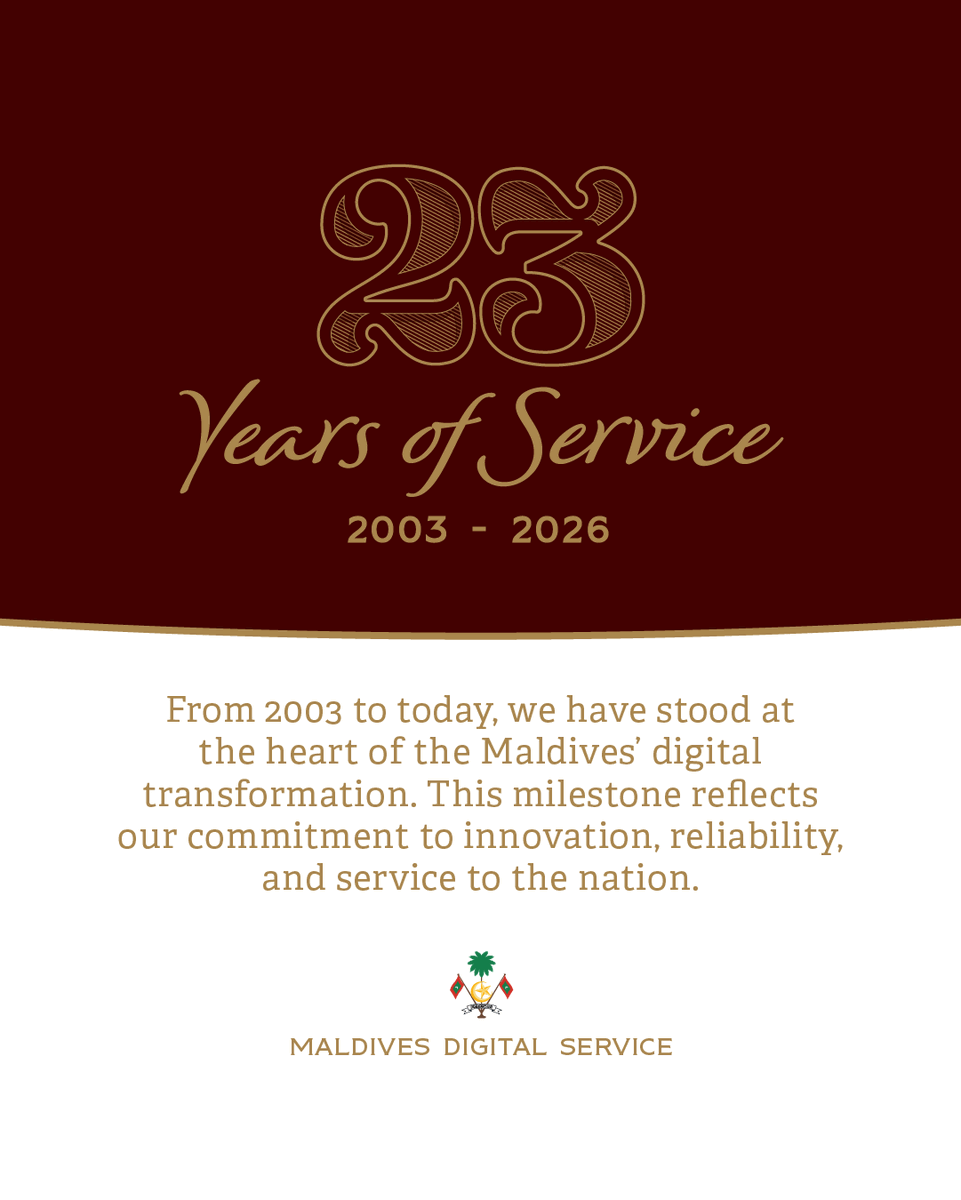 mdsgovmv's tweet photo. 23 Years of Digital Excellence. 🇲🇻

Since 25th March 2003, we have stood at the heart of the Maldives’ digital transformation. From NCIT to Maldives Digital Service, we honor the legacy and the individuals who made this journey possible.

#MaldivesDigitalService #23YearsOfService https://t.co/u4xQKSiHMI