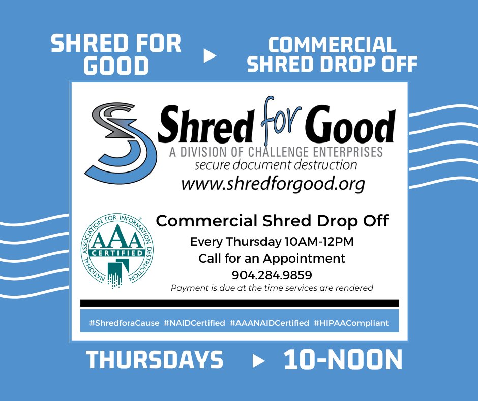 Commercial Consumers, join us on Thursdays for a Pay‑By‑the‑Pound Drop‑Off Shred Event 

⏰ Time: 10 AM – 12 PM (By Appointment Only)
📍 Location: Green Cove Springs
📞 Call: 904.252.9786 for drop‑off appointments &amp; directions.
💳 Payment is due at the time services are rendered.