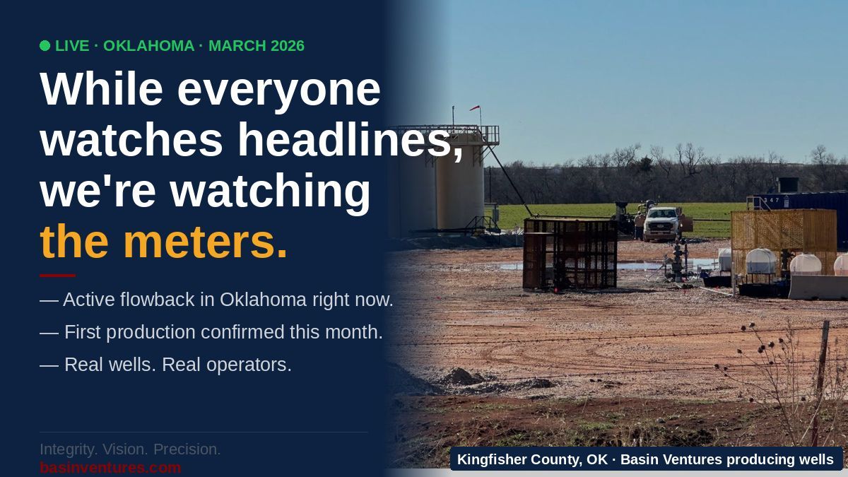 While everyone's watching the headlines, we're watching the meters.
We have wells in active flowback in Oklahoma right now. First production confirmed this month. Early data tracking right where it needs to be.
This is what domestic energy looks like from the inside — not a