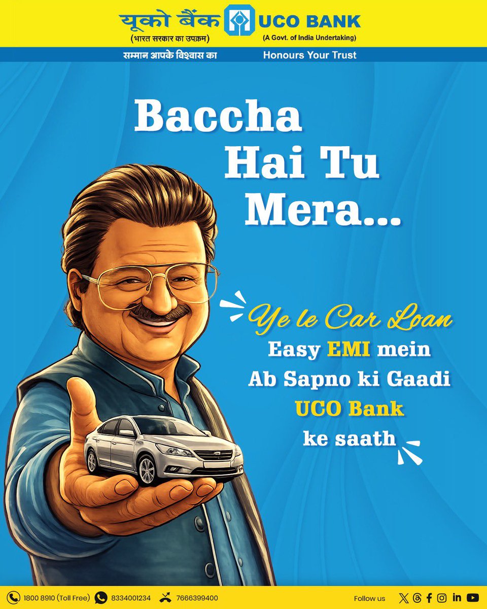 Baccha hai tu mera… par sapne bade hain! 🚗✨
UCO Bank Car Loan ke saath, har khwahish ko mile aasaan raasta.
Easy EMI, quick approval — ab apni dream car ghar le aaiye!

#UCOBank #CarLoan #DreamCar #EasyEMI #BankingMadeEasy #HonoursYourTrust #DriveYourDreams