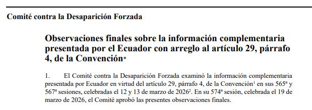 🚩#URGENTE El Comité contra la Desaparición Forzada de la ONU  (CED) acaba de publicar sus observaciones finales sobre la situación del Ecuador.

Un informe contundente, concluyen que todos nos encontramos en riesgo, y que <a href="/MinLoffredoEc/">Gian Carlo Loffredo</a> está obstaculizando las investigaciones