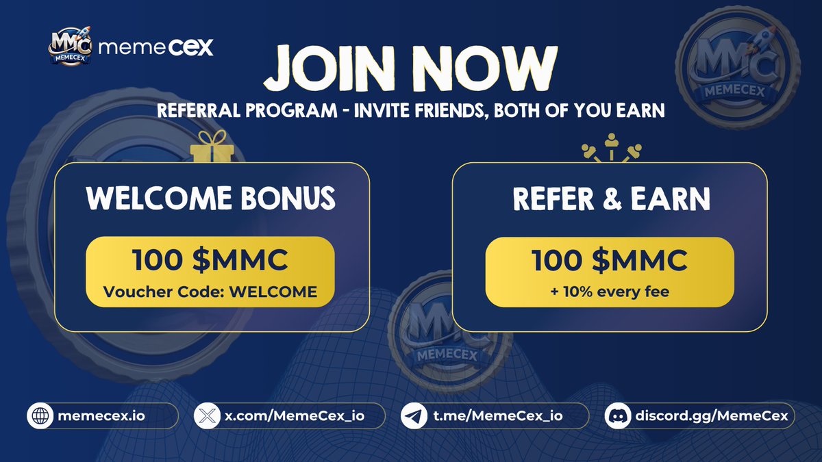 👥 MemeCEX Referral Program is live

Invite friends and both of you earn

Your friend signs up with your link and uses code WELCOME

🎁 They get 100 $MMC, you get 100 $MMC instantly
🔥 Every trade they make earns you 10% of the fee forever 

No deposit. No expiry
👉