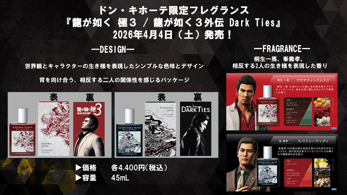 ドン・キホーテ限定‼
『龍が如く 極３ / 龍が如く３外伝 Dark Ties』の発売を記念したコラボ香水が登場✨

桐生一馬と峯義孝の2人の生き様を表現した香りで、『#龍が如く』の世界を感じることができます。

✅発売日：2026年4月4日(土)
✅価格：各4,400円(税込)

▼詳細
ryu-ga-gotoku.com/info/detail/00…