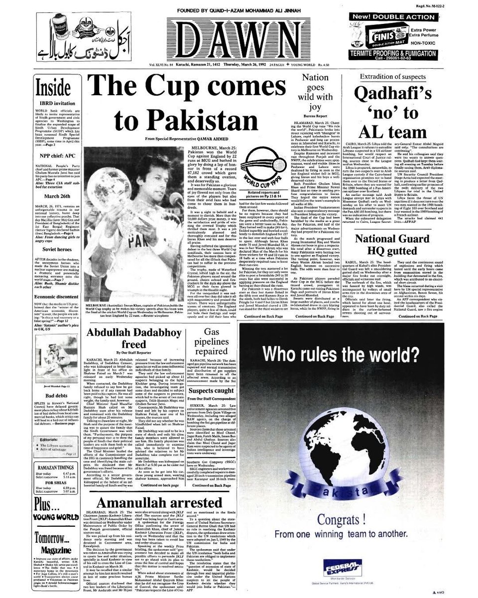Front page of DAWN on 26 March, 1992