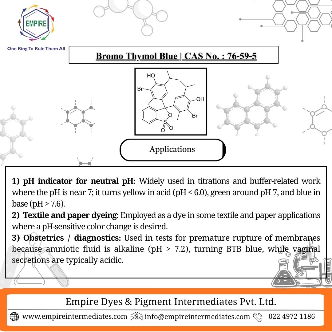 empire_organics's tweet image. Empire offers the product Bromothymol blue in powder form, which has wide-ranging applications, serves primarily as a pH indicator in acid-base titrations, a tracking dye in biological assays, and in uses like microbial growth media assessment.#BromothymolBlue #CAS76595 #dyes