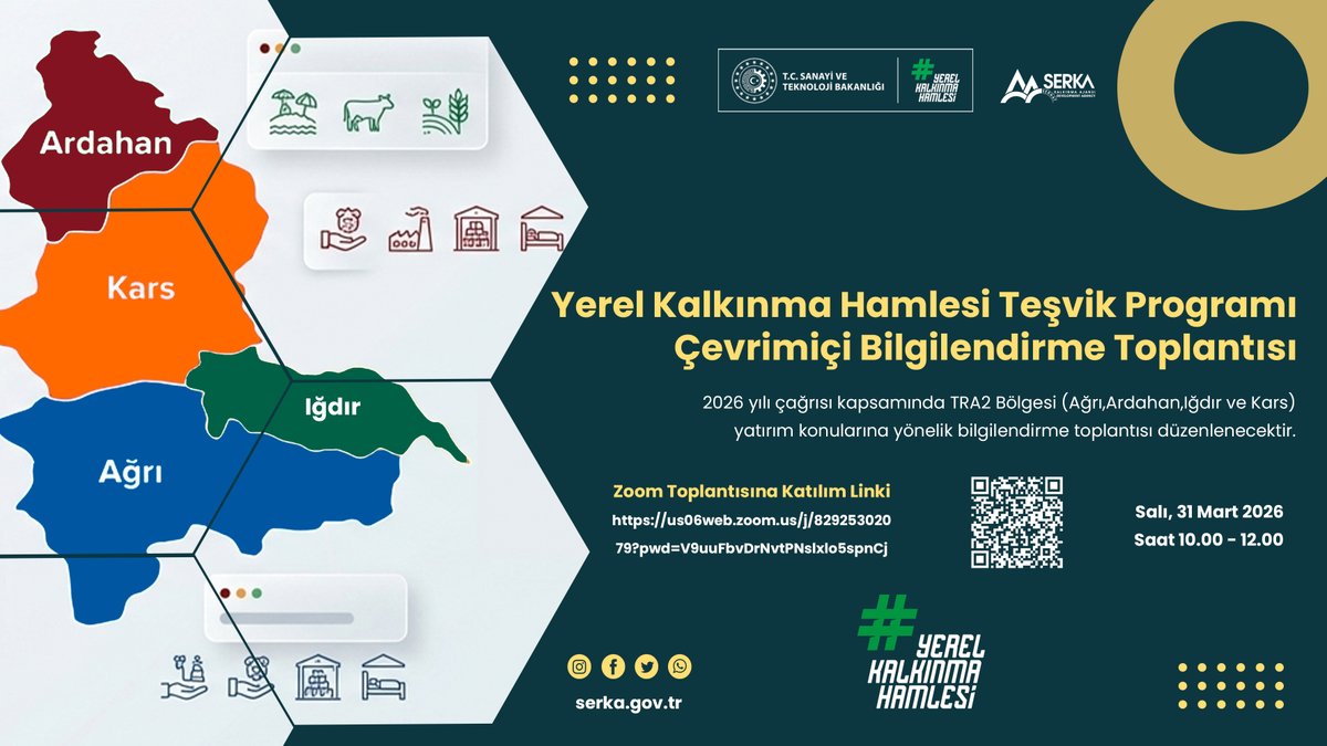 Serka_TRAII's tweet photo. 2026 Yılı #YerelKalkınmaHamlesi Teşvik Programı kapsamında, TRA2 Bölgesi (#Ağrı, #Ardahan, #Iğdır, #Kars) yatırım konularına yönelik çevrim içi bilgilendirme toplantısı düzenlenecektir.

📅 31 Mart 2026
⏰ 10.00

🔗 Katılım:
https://t.co/40jSdGQJo1 https://t.co/raiWtUbToI