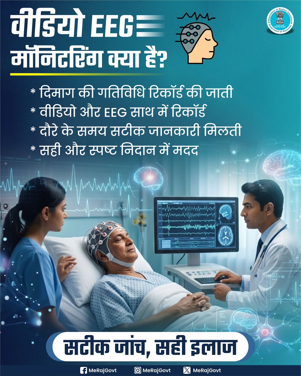 MeRajGovt's tweet photo. वीडियो EEG मॉनिटरिंग एक उन्नत जांच तकनीक है जिसमें मरीज की दिमागी गतिविधि और वीडियो को एक साथ रिकॉर्ड किया जाता है। इससे दौरे या अन्य न्यूरोलॉजिकल समस्याओं का सही कारण पहचानने में मदद मिलती है।
#EEG #VideoEEG #Neurology #निरामय_राजस्थान #आपणो_स्वस्थ_राजस्थान
#आपणो_अग्रणी_राजस्थान #MeRajGovt