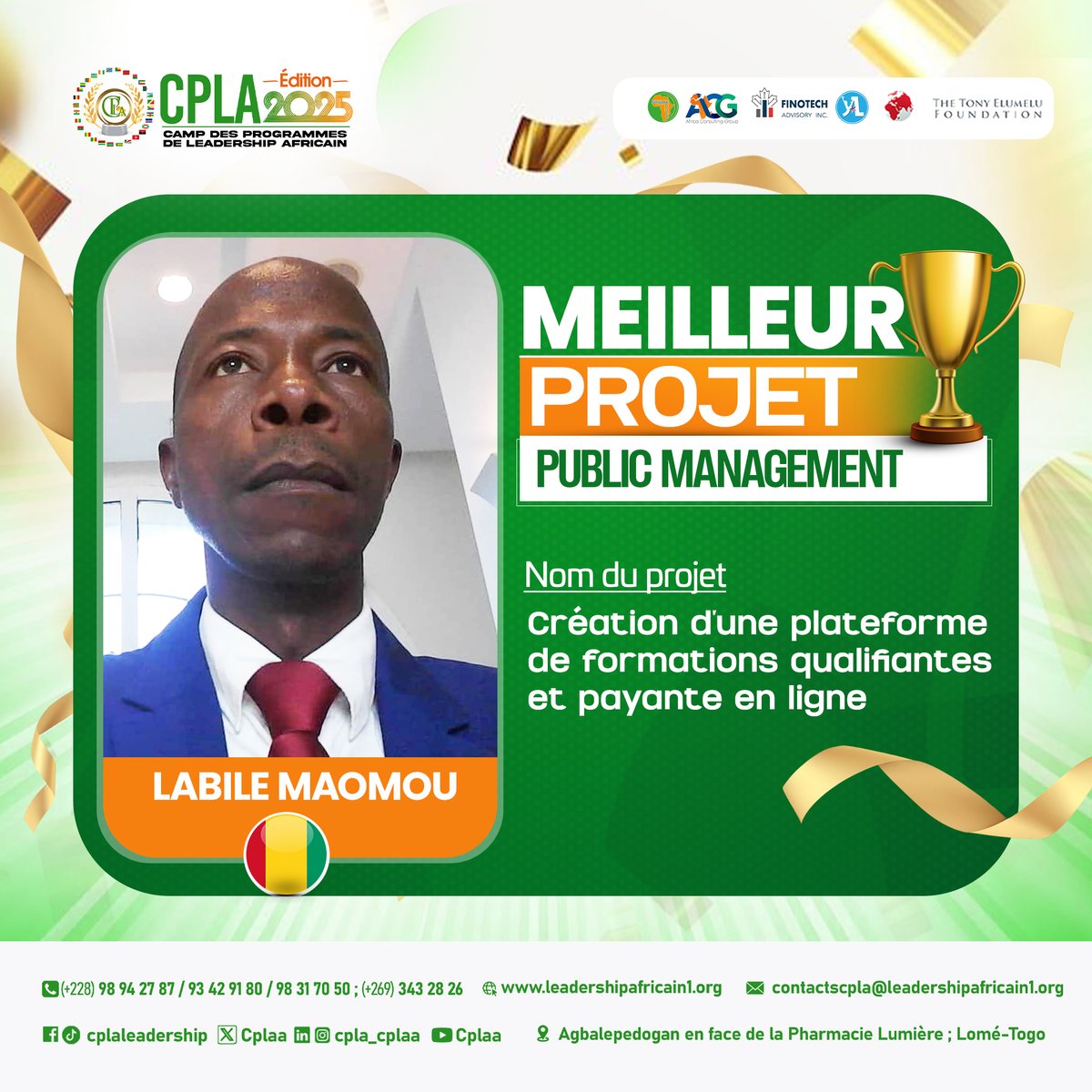 🏆🏆🏆 
Le trophée CPLA 2025 est arrivé en Guinée !

🎯 Dans les prochains jours, une cérémonie officielle sera organisée pour la remise du trophée à M. LABILE MAOUNOU, lauréat de la catégorie Public Management

Une fierté pour la Guinée, une inspiration pour la communauté CPLA