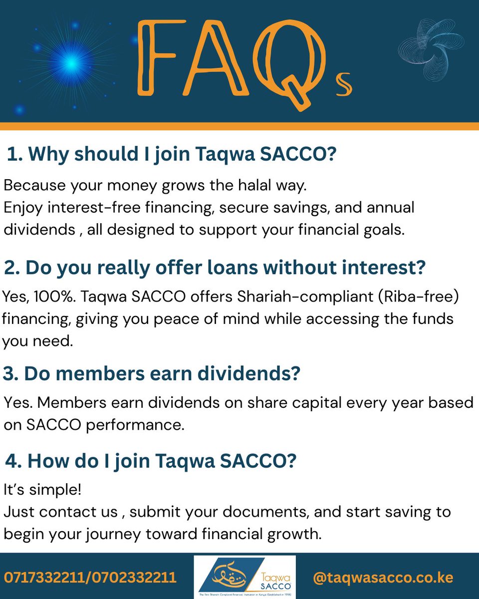 taqwasacco's tweet image. Got questions about Taqwa SACCO? 

We’ve answered a few FAQs, but we want to hear from YOU 👇

Drop your question in the comments and we’ll respond!

Let’s grow your finances the halal way ✨

#TaqwaSACCO 
#AskUs 
#HalalFinance
