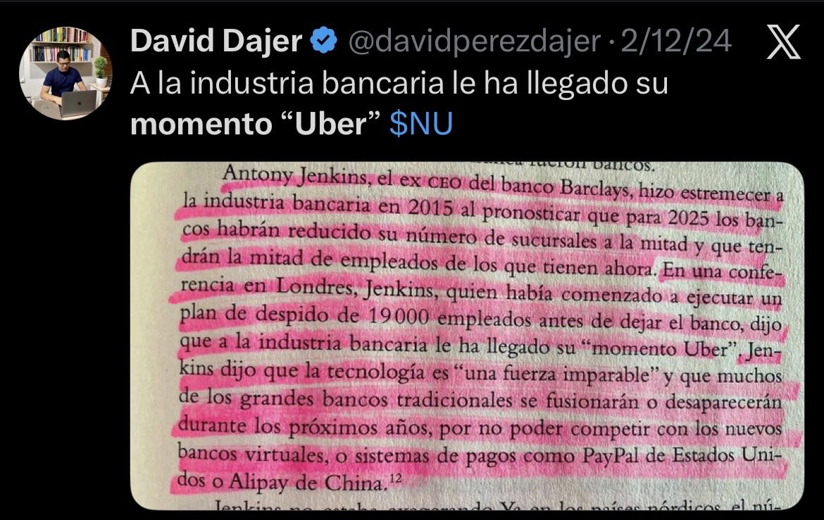 davidperezdajer's tweet photo. Vengo insistiendo hace tiempo: a la banca tradicional le llegó su "momento Uber". 

Incluso el año pasado les compartí mi artículo sobre el "Triunvirato de las Plataformas" (Uber, Airbnb, Nu)  Hoy, el mismo David Vélez confirma esta visión: el futuro es 100% digital, sin activos físicos e ineficientes.
$NU $UBER $ABNB