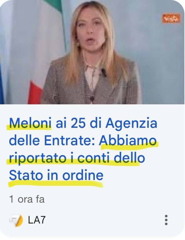 E brava <a href="/GiorgiaMeloni/">Giorgia Meloni</a>! 
I conti dello Stato in ordine mentre quelli degli italiani, taglieggiati da scelte assurde!, in dissesto: 
complimenti a lei e a #Fazzolari per la ottima comunicazione politica. Avanti così che il dirupo s’avvicina👍😎