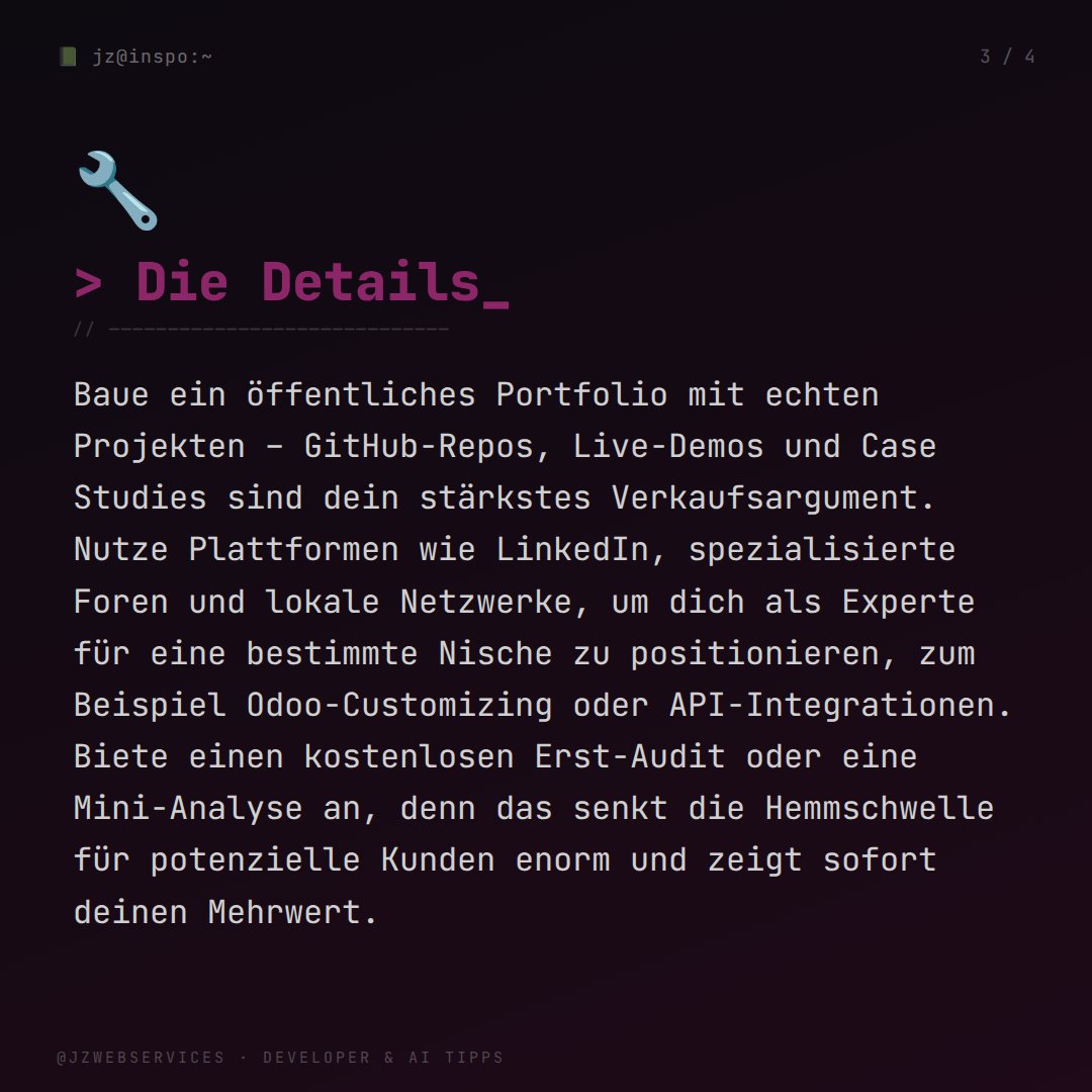 JZWebservices's tweet image. Großartiger Code allein reicht nicht – als Entwickler brauchst du Sichtbarkeit. Portfolio zeigen, Nische besetzen, Mehrwert liefern. Ein guter LinkedIn-Post schlägt hundert Kaltakquise-Mails. #Developer #Kundengewinnung