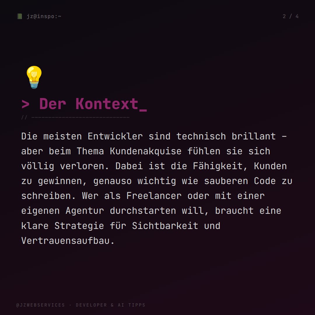 JZWebservices's tweet image. Großartiger Code allein reicht nicht – als Entwickler brauchst du Sichtbarkeit. Portfolio zeigen, Nische besetzen, Mehrwert liefern. Ein guter LinkedIn-Post schlägt hundert Kaltakquise-Mails. #Developer #Kundengewinnung