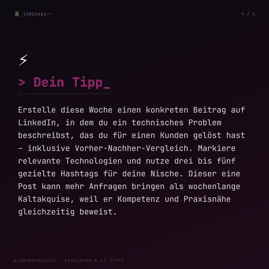 JZWebservices's tweet image. Großartiger Code allein reicht nicht – als Entwickler brauchst du Sichtbarkeit. Portfolio zeigen, Nische besetzen, Mehrwert liefern. Ein guter LinkedIn-Post schlägt hundert Kaltakquise-Mails. #Developer #Kundengewinnung