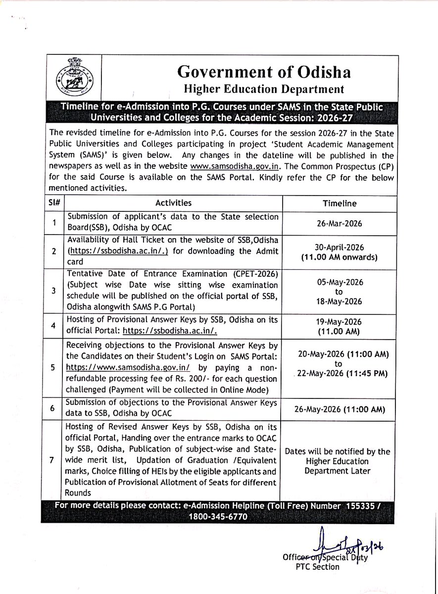 DHE_Odisha's tweet photo. 📢 CPET 2026 begins from 5th May!

🗓 Entrance Exams: 5th–18th May, 2026

Admit Cards: Available from 30th April, 2026 on the State Selection Board (SSB) Website

Your PG journey starts here. 🎓

@CMO_Odisha @suryabanshibjp @IPR_Odisha 

#admission #PG https://t.co/HpQ6FNoz9Z