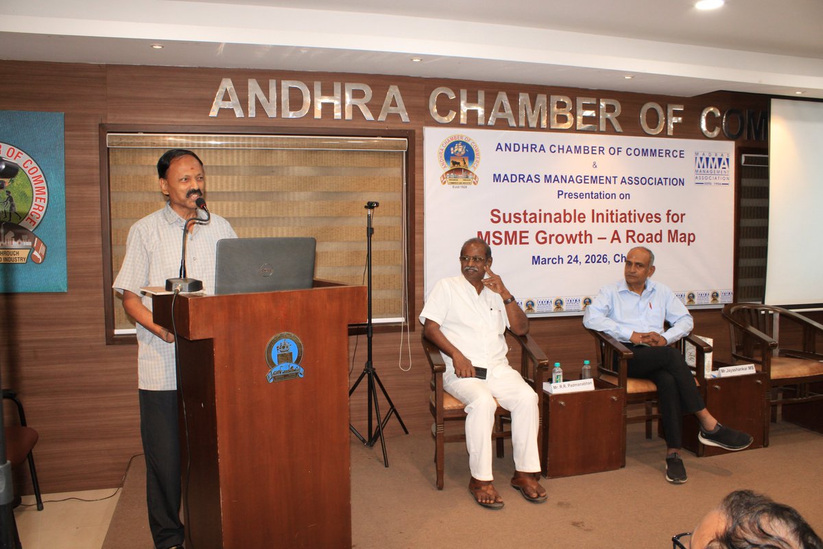 AndhraChamber's tweet photo. The 140th ACC Joint Lecture Series with MMA was a great success!

Insightful session on “Sustainable Initiatives for MSME Growth – A Road Map” by Mr. Jayashankar MS.

Engaging discussions, valuable takeaways &amp; strong networking!

#MSME #Sustainability #ACC #ChennaiEvents https://t.co/Vc1onXQsmD