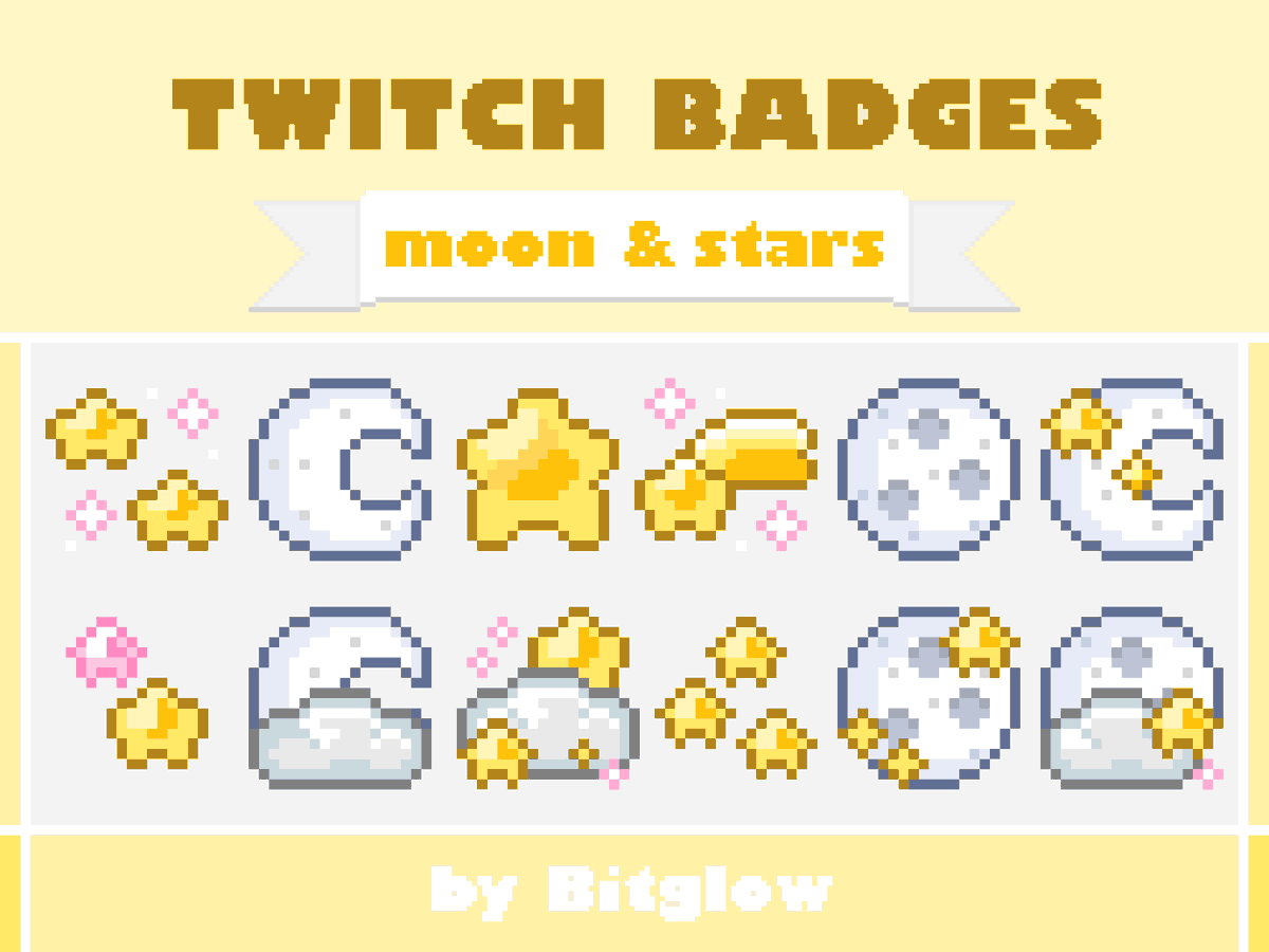 BitglowAssets's tweet photo. I think this might be my favorite badge set so far🌙✨
what do you think? 
#pixelart #cozygames #kawaii #twitchstreamer https://t.co/AUo3JbHrV7