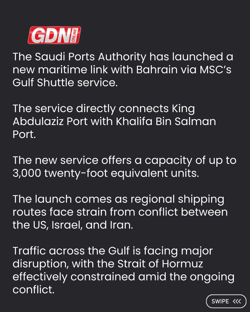 GDNonline's tweet photo. A new maritime link has been launched between Saudi Arabia and Bahrain. 🚢

The Saudi Ports Authority has introduced a new link via MSC’s Gulf Shuttle service, connecting King Abdulaziz Port with Khalifa Bin Salman Port. 🇸🇦🇧🇭

Swipe to read more ➡️ https://t.co/EWeJyr0z8y