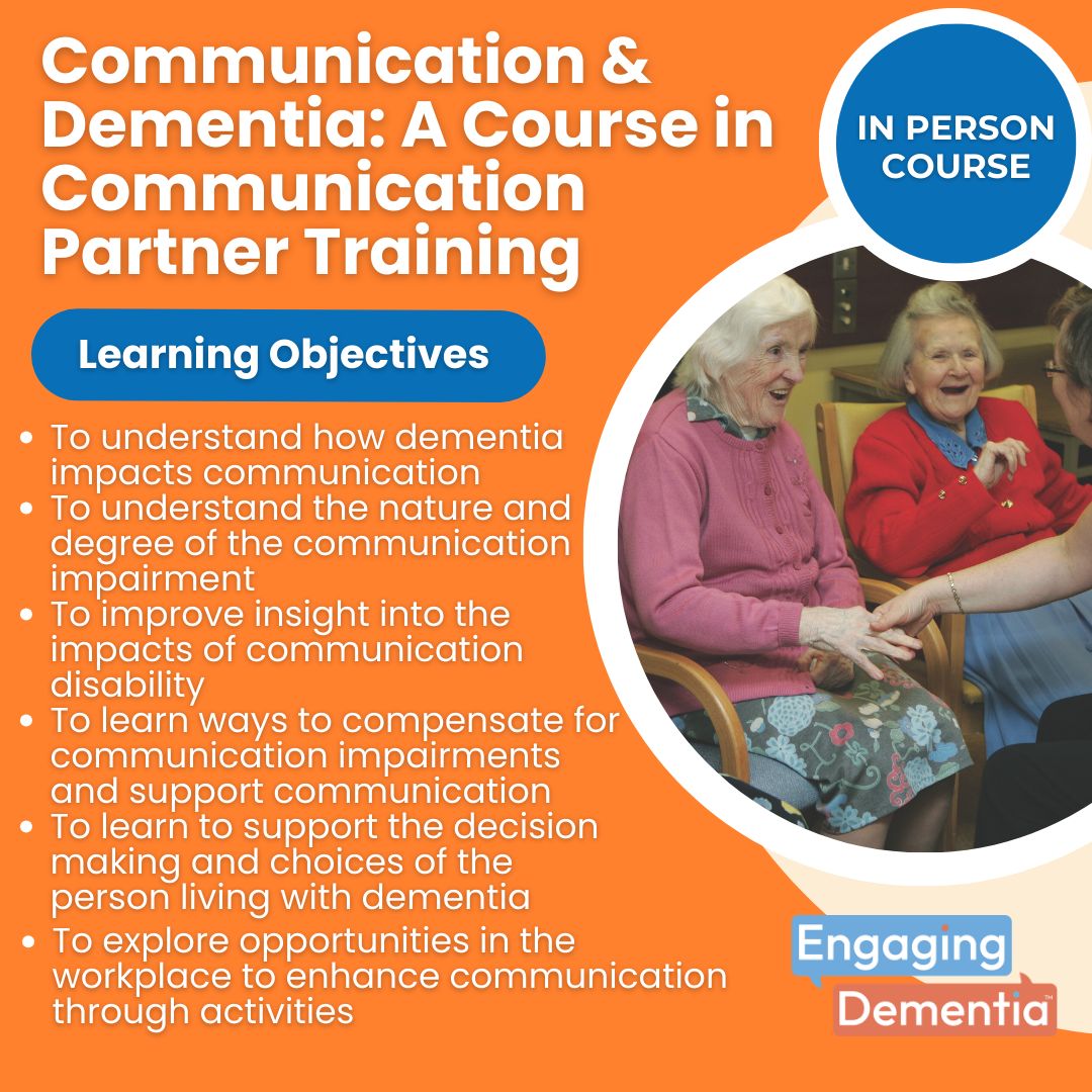 EngagingDemIrl's tweet photo. Our Dementia Training Course, Communication & Dementia: A Course in Communication Partner Training will be held on Friday May 22nd. 

This In-person Workshop provides an in-depth exploration of how dementia affects communication and how professionals can adapt their approach to maintain understanding and connection.

Through practical examples and guided discussion, participants learn to identify communication barriers and explore ways to overcome them using empathy, active listening, and tailored interaction techniques. The course also focuses on supporting autonomy and decision-making for the person with dementia, reinforcing the importance of advocacy and partnership in care.

Participants will leave with greater confidence and a range of tools they can use immediately to enhance everyday communication in both clinical and home care settings. 

To find out more and to book your place, click here: https://t.co/1wXPAVydwj 

#dementiatraining #dementiatrainingcourse #dementiacourse