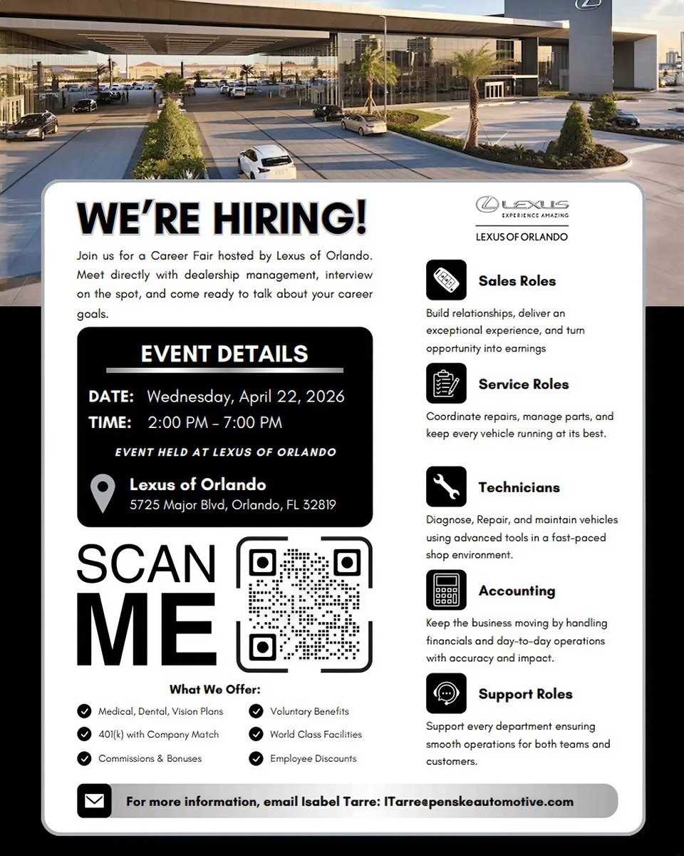 LexusOrlando's tweet photo. Looking for your next career move? Join us at our upcoming Career Fair and explore exciting opportunities in sales, service, and more!

📲 Scan the QR code for more details. #NowHiring #OrlandoJobs #CareerOpportunity #LexusCareers #AutoIndustry #HiringEvent #LexusOfOrlando #Lexus https://t.co/65zSwmebek