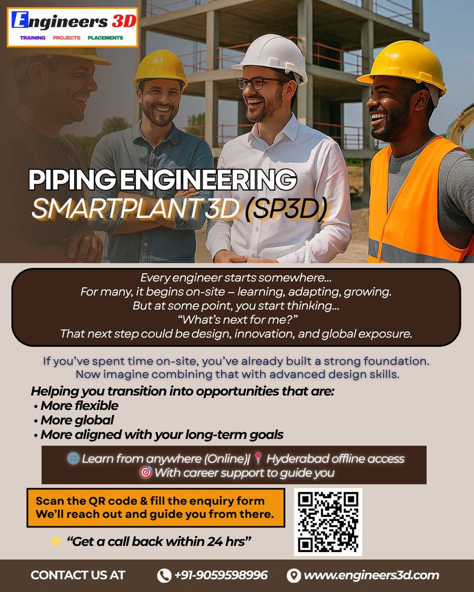 Engineers3d's tweet image. For enquiry click the link - forms.gle/SW2VqqwUcxNph4…
Upgrade your engineering journey with Piping Design using SP3D. Transform site experience into global career opportunities with flexible online and Hyderabad classroom training.  Scan the QR code to enquire.
#Piping #SP3D