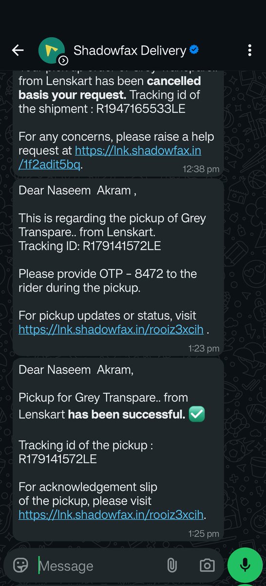 Naseemak92's tweet photo. @Lenskart_com hi today my order pickup successfully but still showing return in process please fix this issue. https://t.co/UpOI5vZsCu