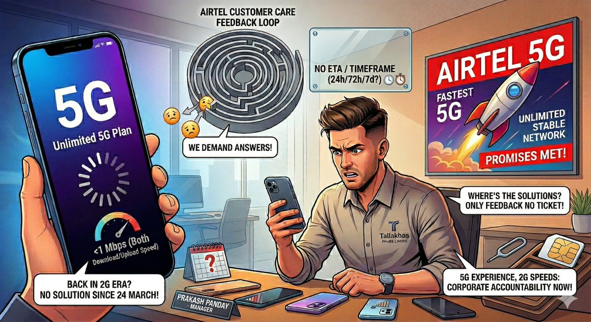 ArtistSatya_'s tweet photo. Airtel’s "Fastest 5G" is feeling like a forced time-travel to the 2G era! 📉 Ported our company connection to @AirtelIndia trusting their network stability ads. 

@Airtel_Presence @TRAI #AirtelDown #CustomerService #Airtel5GDown #AirtelNetworkProblem #AirtelSupportFail https://t.co/x9uVZun4ib