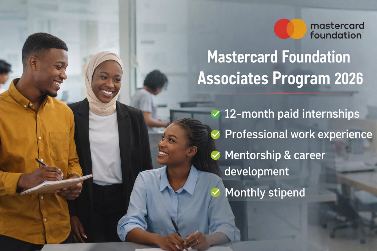 opportunitiesfy's tweet image. 🌍 Mastercard Foundation Associates Program 2026
🎓 12-month paid internships across Africa
 💰Stipend + mentorship + career support
 ⏳Rolling applications (apply early!)
🔗 wp.me/p23f03-kbx
#InternshipAfrica #YouthJobs #CareerGrowth