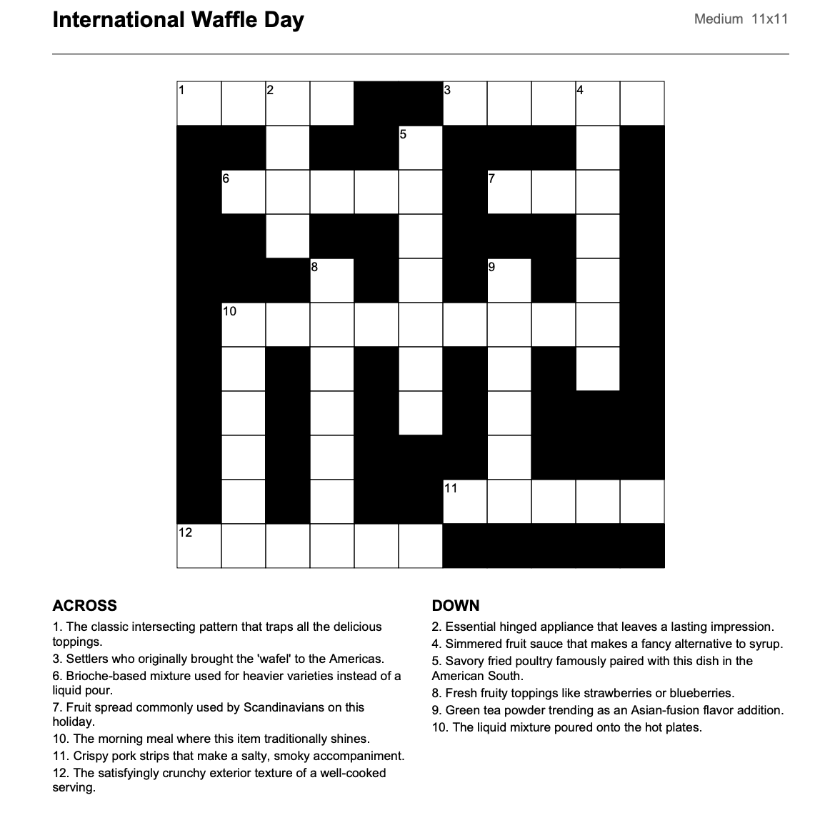 GridGeniusApp's tweet photo. This is the crossword puzzle board with hints. 
Topic: International Waffle Day

PS: You can print the puzzles/share the puzzles https://t.co/1drGIi9Gfh