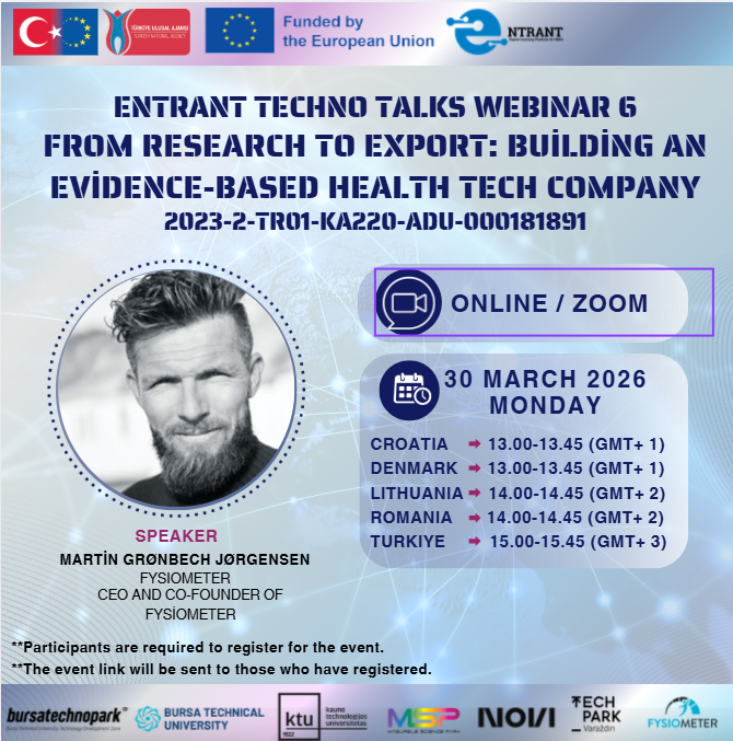 ENTRANTproject's tweet photo. The 6th ENTRANT Techno Talks webinar is coming!
🎙️ Dr. Martin Grønbech Jørgensen (@FysioMeterDK ) will share insights on building a research-based health-tech company.
📅 March 30 | Online
Join us! 🚀
#ENTRANT #TechnoTalks #HealthTech https://t.co/uZDiKasAxJ