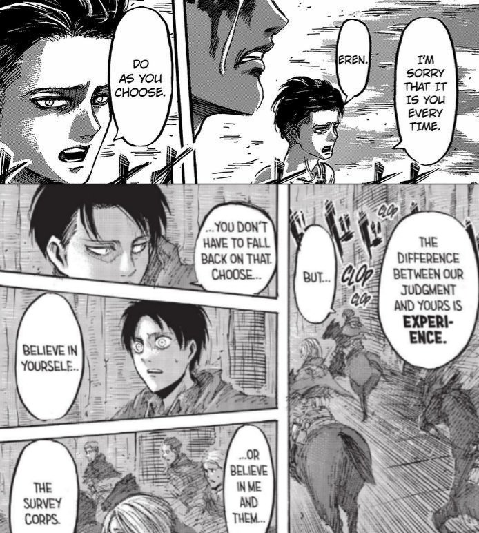 Unlike many, Levi's courage to embrace his ruthlessness never stems from selfishness, cruelty, pride in victory, or justification, but from a deep sense of purpose, selflessness, &amp; sacrifice. He's someone who never seeks to determine ppl's actions, let alone their lives!