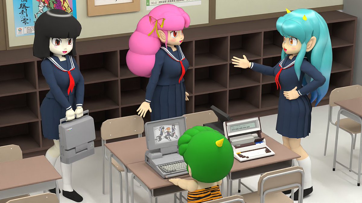 comugi6502's tweet image. 教室で巨大ラップトップPCを並べている麦ちゃんたちです。
ラムちゃんたちのコスプレなのは特に意味はありません😅
2枚目、左からPC-9801LC5C(1989年)、PC-5000(1983年)、右上の黒いラップトップPCは、世界初のクラムシェル型ラップトップのGRiD Compass(1982年)です。

#SketchUp #Laptop #RetroPC