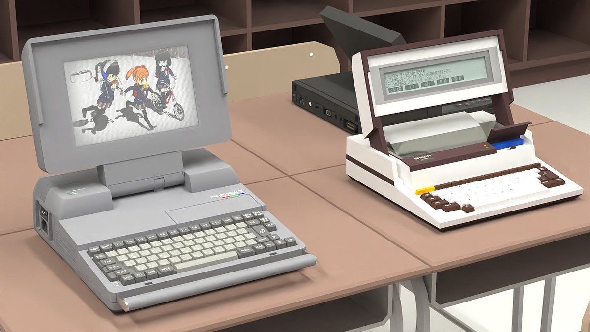 comugi6502's tweet image. 教室で巨大ラップトップPCを並べている麦ちゃんたちです。
ラムちゃんたちのコスプレなのは特に意味はありません😅
2枚目、左からPC-9801LC5C(1989年)、PC-5000(1983年)、右上の黒いラップトップPCは、世界初のクラムシェル型ラップトップのGRiD Compass(1982年)です。

#SketchUp #Laptop #RetroPC