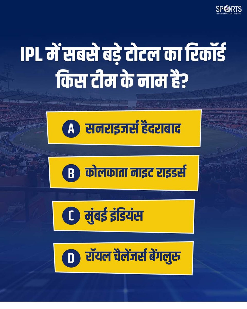 ddsportschannel's tweet image. 🏏 IPL Quiz Time! 🔥

आईपीएल इतिहास में सबसे बड़ा टीम टोटल किस टीम के नाम है? 💥

कमेंट में बताइए सही जवाब 👇 

#IPLQuiz #IPL #Cricket 

@IPL