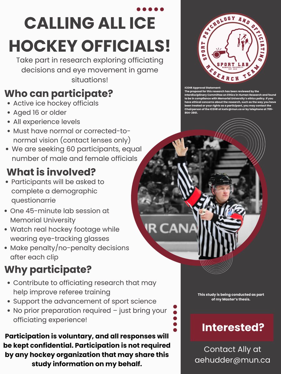 SPORT_Lab25's tweet photo. Calling all ice hockey officials!!

If you are interested in participating in this study, contact Ally via email https://t.co/qK6kCteEC6