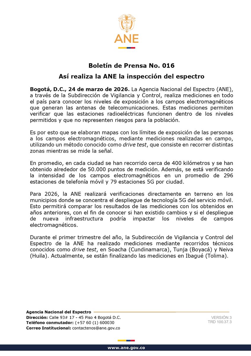 ANE_Colombia's tweet photo. #ANEInforma I La @ANE_Colombia realiza mediciones en todo el país para conocer los niveles de exposición a los campos electromagnéticos que generan las antenas de telecomunicaciones.

Conoce todos los detalles en: https://t.co/HtPKMmK7Cs https://t.co/z487lX7He2
