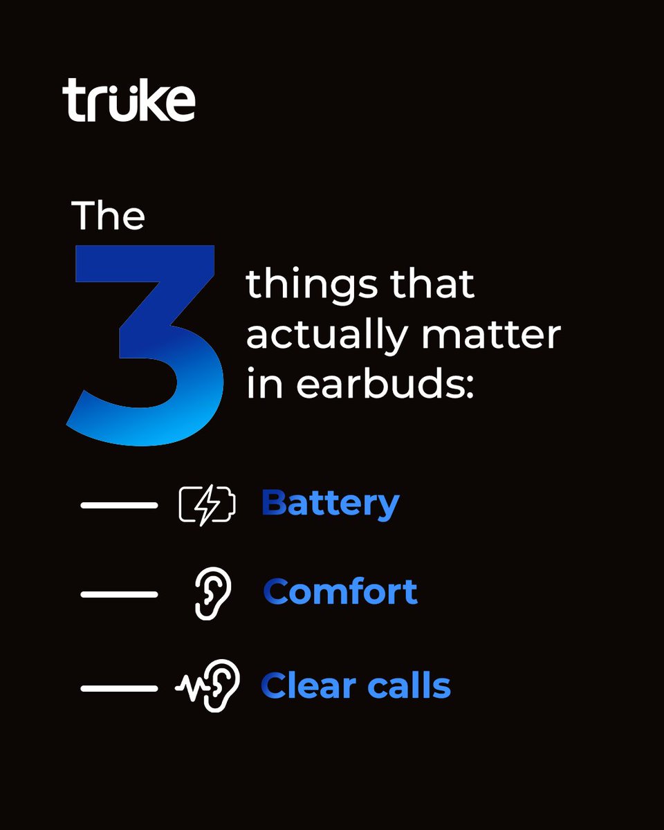 TrukeIND's tweet image. 3 things. That’s it.

Long battery ⚡
All-day comfort 👂
Crystal clear calls 📞
Everything else is just noise.

#TruClips #WirelessEarbuds #TechEssentials #AudioGear #DailyUse #MadeForIndia