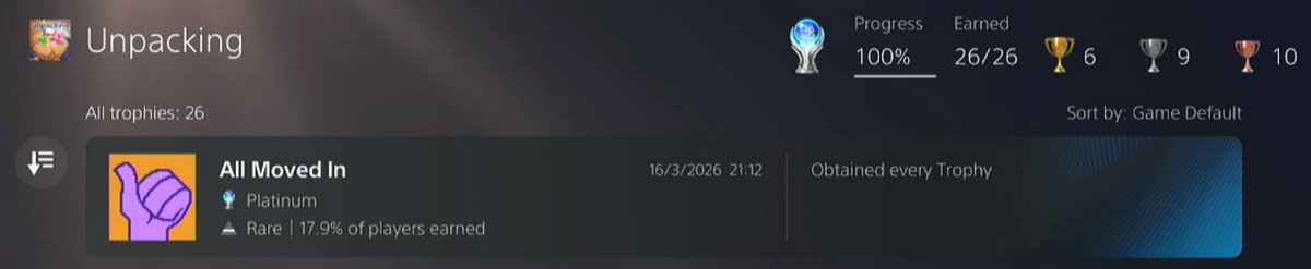 DisTurBed2236's tweet photo. Platinum 74!!! - Unpacking 
VERY Easy Platinum but another that has been on my list for a while. 
Ironically, turns out I really don't enjoy unpacking.....even when it's this easy.. https://t.co/hGrskQRkdH