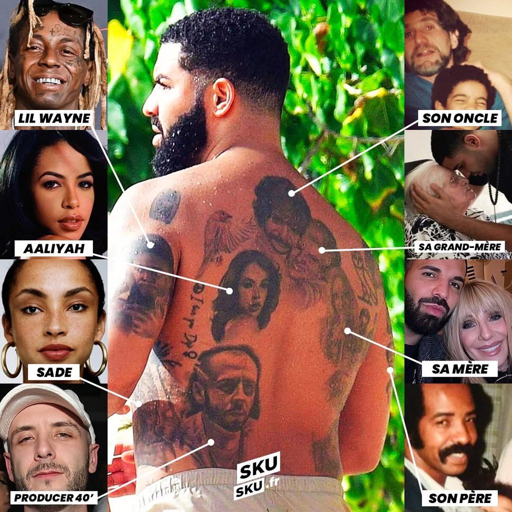 TreizeMagazine's tweet photo. Drake s'est fait tatoué sur le corps les visages de toutes les personnes importantes dans sa vie 🥰 : 

- Lil Wayne
- Aaliyah 
- Sade
- Son oncle
- Sa grand-mère
- Sa mère
- Son père 
- Producer 40' https://t.co/A0KkNYKlaN