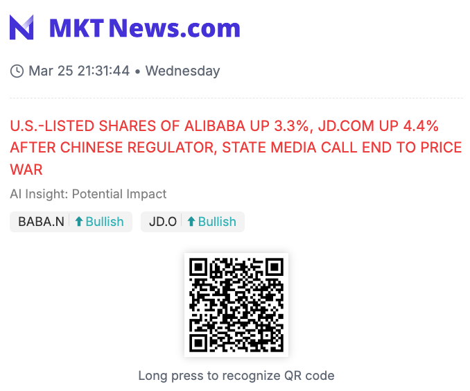 Sino_Market's tweet image. U.S.-LISTED SHARES OF ALIBABA UP 3.3%, JD. COM UP 4.4% AFTER CHINESE REGULATOR, STATE MEDIA CALL END TO PRICE WAR 
#ALIBABA $BABA $JD #MEITUAN $MPNGY 
(mktnews.com/flashDetail.ht…)